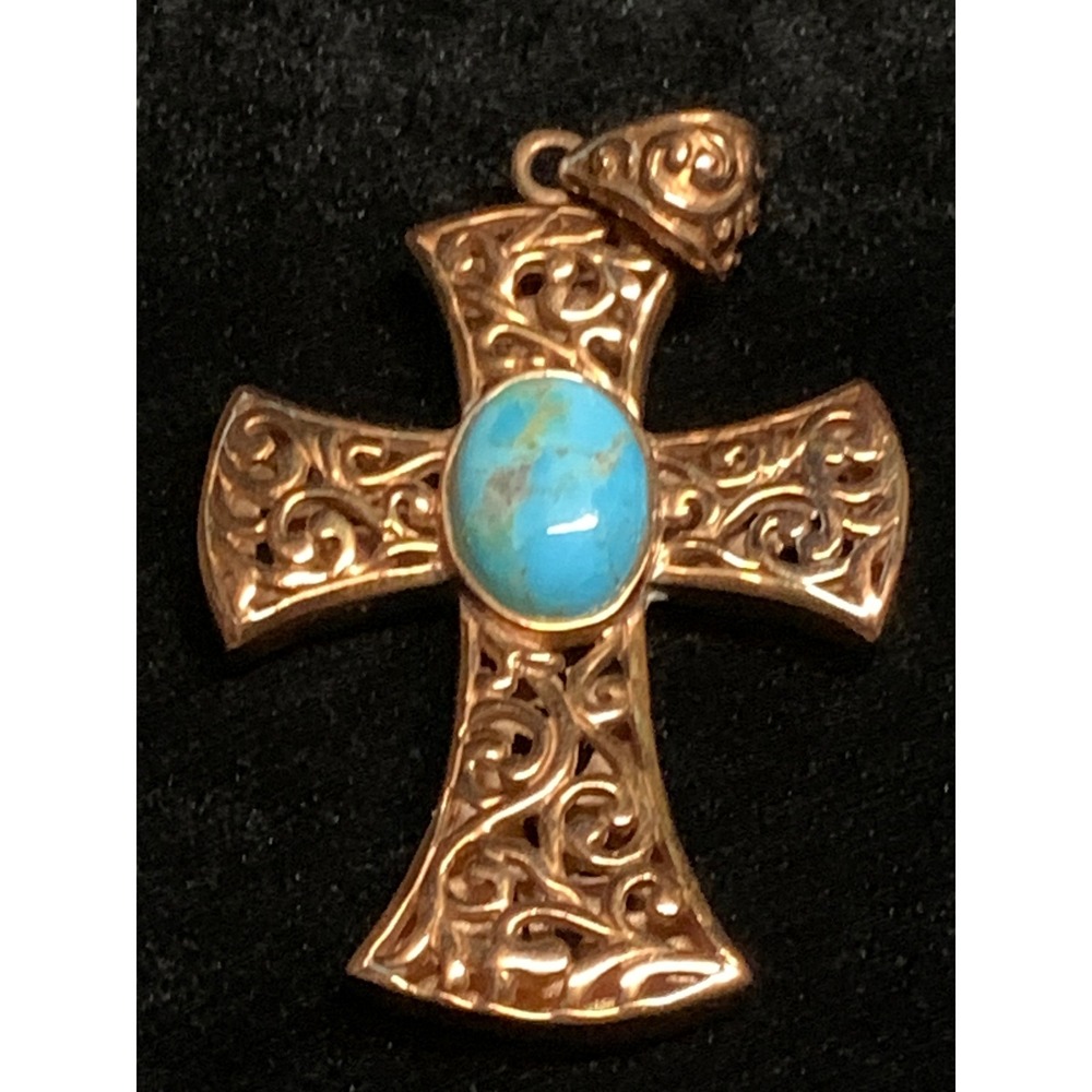 NK Cross Pendant Turquoise Cabochon Thailand Filigree Rose Gold Tone
